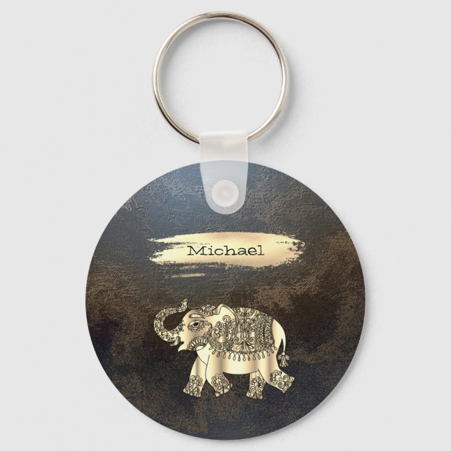 Elegant Gold Elephant,Brush Stroke,Leather Look   Key Ring (Front)