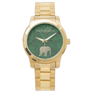 Elegant Gold Elephant Emerald Green Monogram Watch