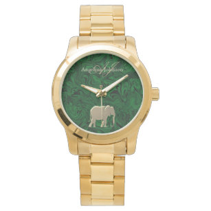 Elegant Gold Elephant Emerald Green Monogram Watch