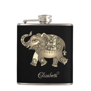 Elegant  Gold Elephant Floral, Black- Personalised Hip Flask