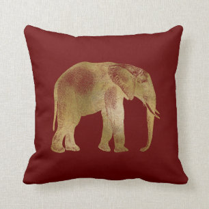 Elegant Gold Elephant on Burgundy Background Cushion
