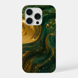 Elegant Gold & Emerald Fluid Art iPhone 15 Pro Max Case