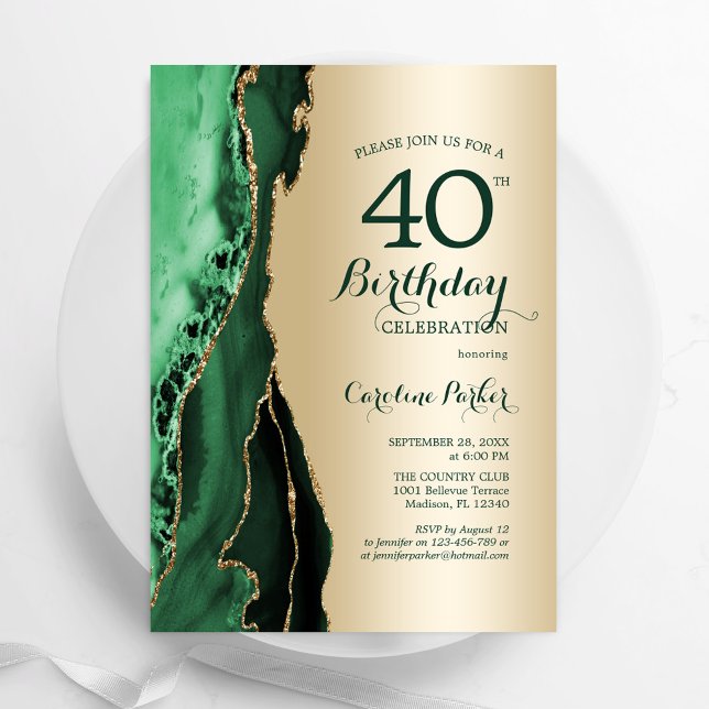 Elegant Gold Emerald Green Agate 40th Birthday Invitation (Creator Uploaded)