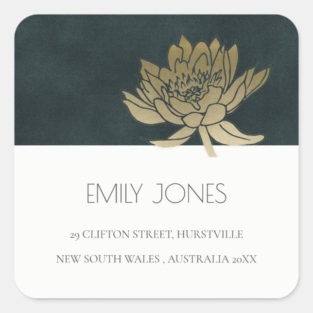 ELEGANT GOLD EMERALD GREEN LOTUS FLORAL ADDRESS SQUARE STICKER (Front)