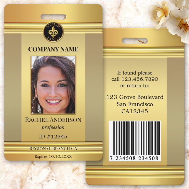 Elegant Gold Employee Photo ID Badge (Elegant gold design photo ID badge with space for your custom photo and logo)
