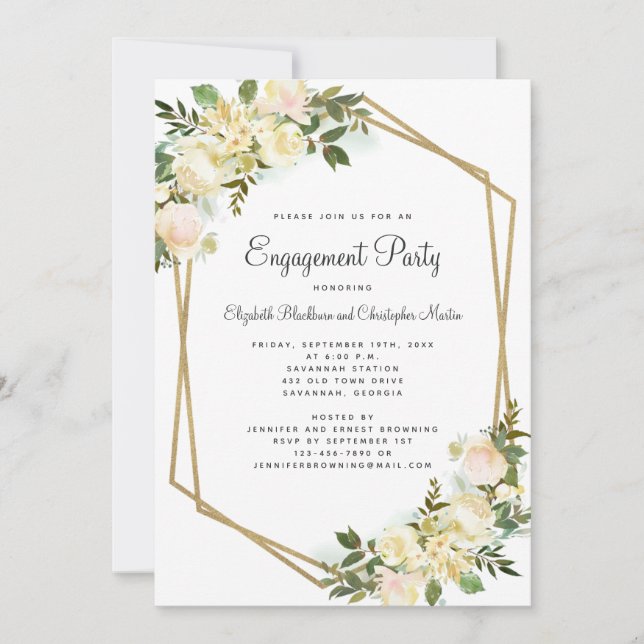Elegant Gold Engagement Party Wedding Floral White Invitation (Front)