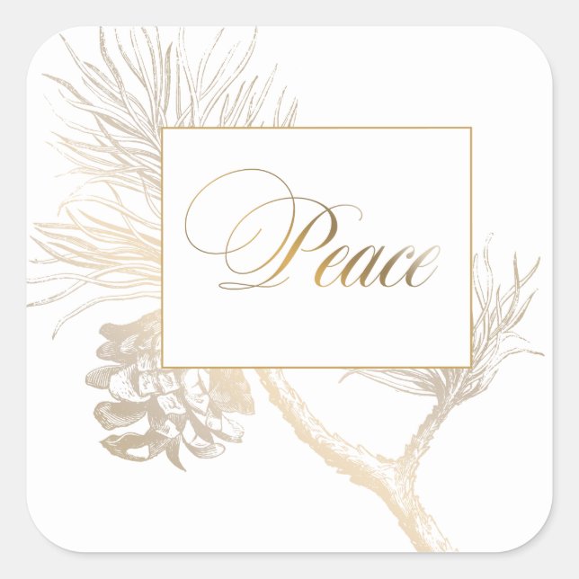 Elegant Gold Engraved Pine | Peace Greeting Square Sticker (Front)