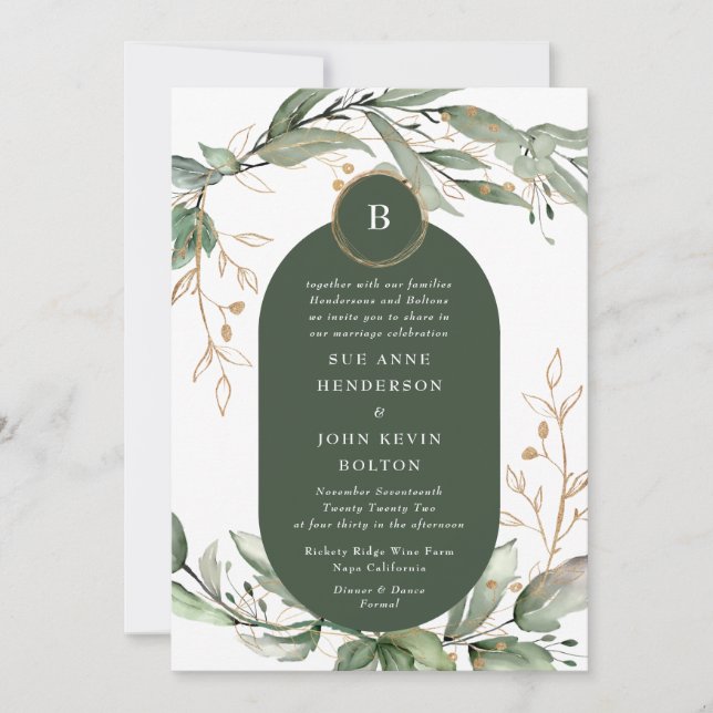 Elegant Gold Eucalyptus Boho Emerald Green Circles Invitation (Front)