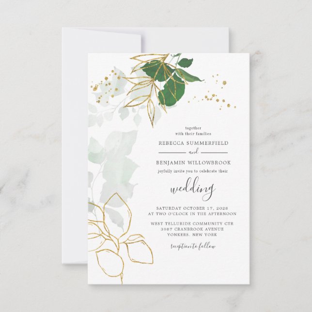 Elegant Gold Eucalyptus Greenery Boho Chic Wedding Invitation (Front)