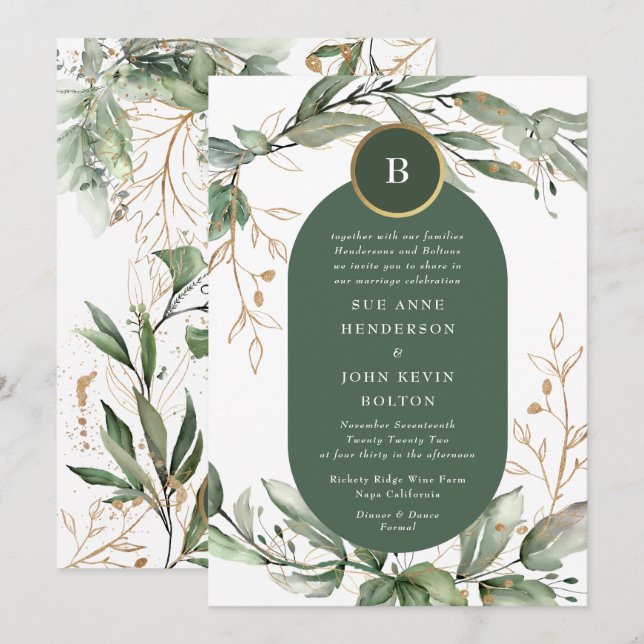 Elegant Gold Eucalyptus Greenery Boho Moss Green Invitation (Front/Back)