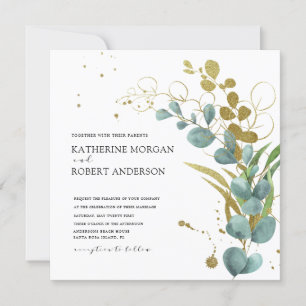 elegant gold eucalyptus leaves Wedding Invitation