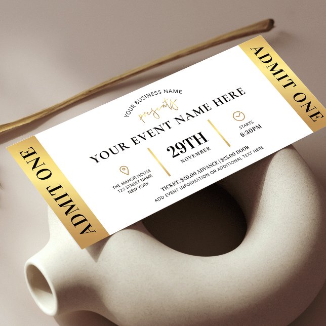 Elegant Gold Event Ticket Business Logo Admit One Invitation (Elegant white and gold event ticket design - great for corporate or private events)