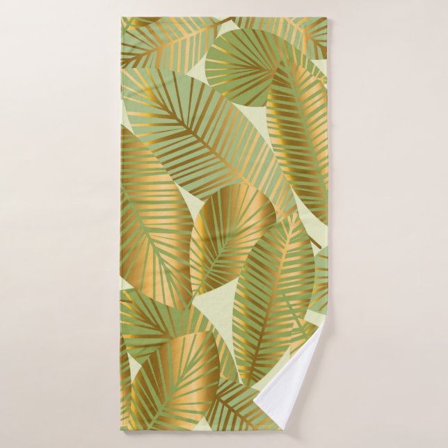 elegant gold exotic leaves seamless pattern on blu bath towel (Bath Towel)