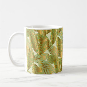 elegant gold exotic leaves seamless pattern on blu coffee mug