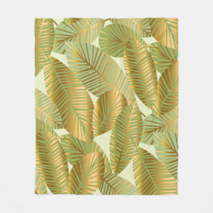 elegant gold exotic leaves seamless pattern on blu fleece blanket