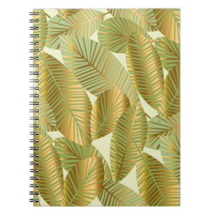 elegant gold exotic leaves seamless pattern on blu notebook