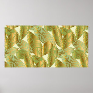 elegant gold exotic leaves seamless pattern on blu poster