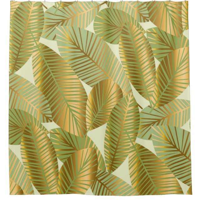 elegant gold exotic leaves seamless pattern on blu shower curtain (Front)