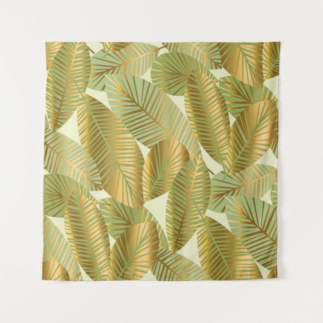 elegant gold exotic leaves seamless pattern on blu tapestry (Front)
