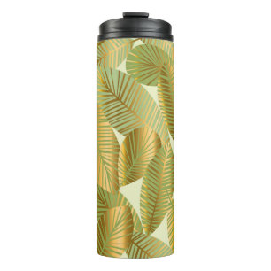 elegant gold exotic leaves seamless pattern on blu thermal tumbler