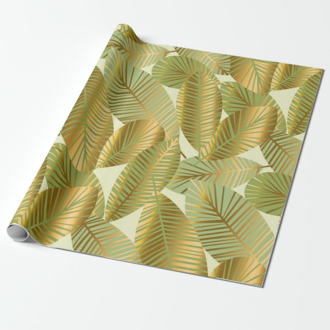 elegant gold exotic leaves seamless pattern on blu wrapping paper (Unrolled)