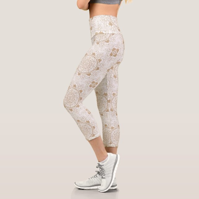 Elegant Gold Eye Sun Moon Mandala White Capri Leggings (Left)