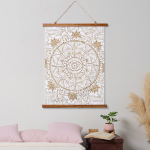 Elegant Gold Eye Sun Moon Mandala White Hanging Tapestry