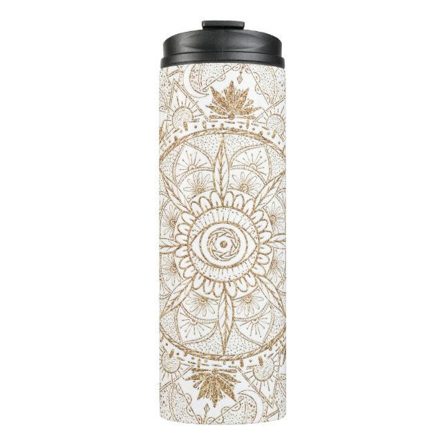 Elegant Gold Eye Sun Moon Mandala White Thermal Tumbler (Front)