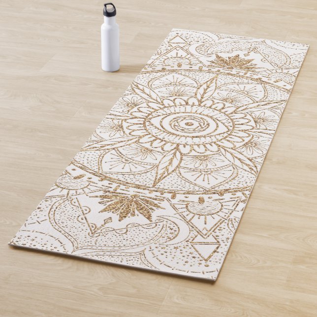 Elegant Gold Eye Sun Moon Mandala White Yoga Mat (In Situ)