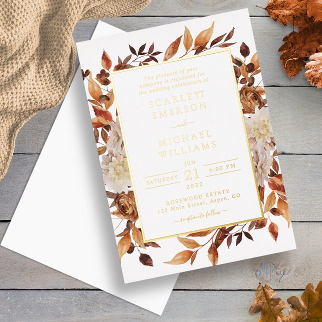 Elegant Gold Fall Wedding (Elegant Watercolor Autumn Floral Gold Wedding Foil Invitation by Painted Paperie
)
