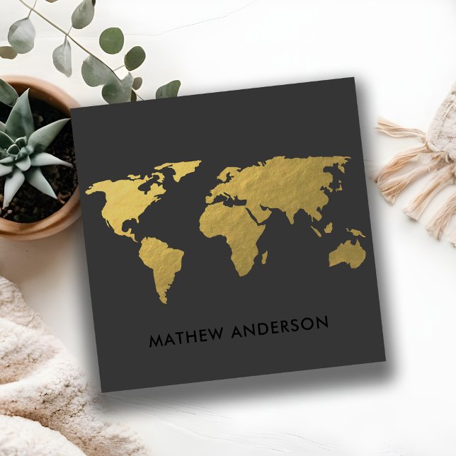 ELEGANT GOLD FAUX BLACK WORLD MAP PERSONALIZED SQUARE BUSINESS CARD (Creator Uploaded)