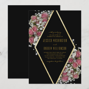 Elegant Gold Faux Diamond & Roses Bouquet Wedding Invitation