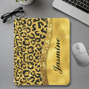 Elegant gold faux glitter animal print Monogram Mouse Mat