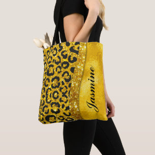 Elegant gold faux glitter animal print Monogram Tote Bag