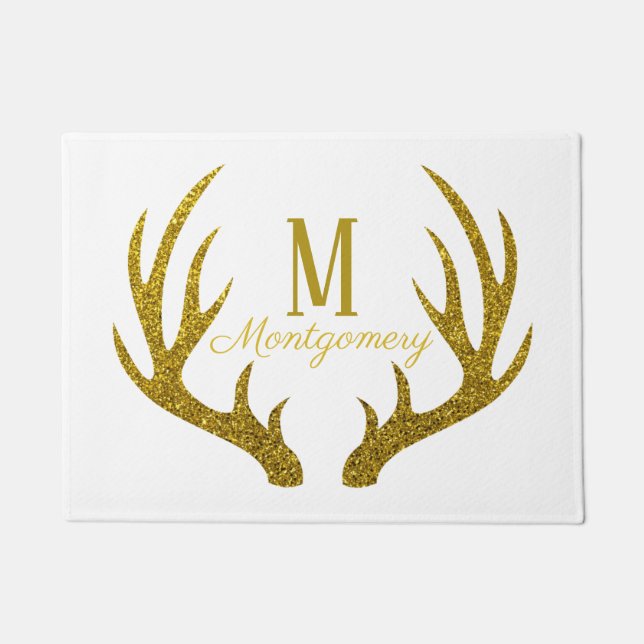 Elegant Gold Faux Glitter Deer Antlers & White Doormat (Front)