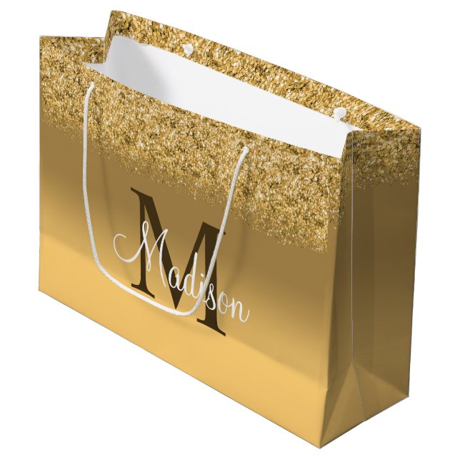 Elegant Gold Faux Glitter Monogram Large Gift Bag (Front Angled)