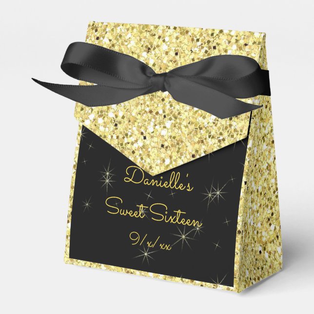 Elegant Gold, Faux Glitter, Sweet Sixteen Favour Box (Front Side)