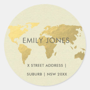 ELEGANT GOLD FAUX KRAFT WORLD MAP PERSONALIZED CLASSIC ROUND STICKER