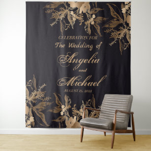Elegant Gold Faux Metal Floral Arrangement Wedding Tapestry