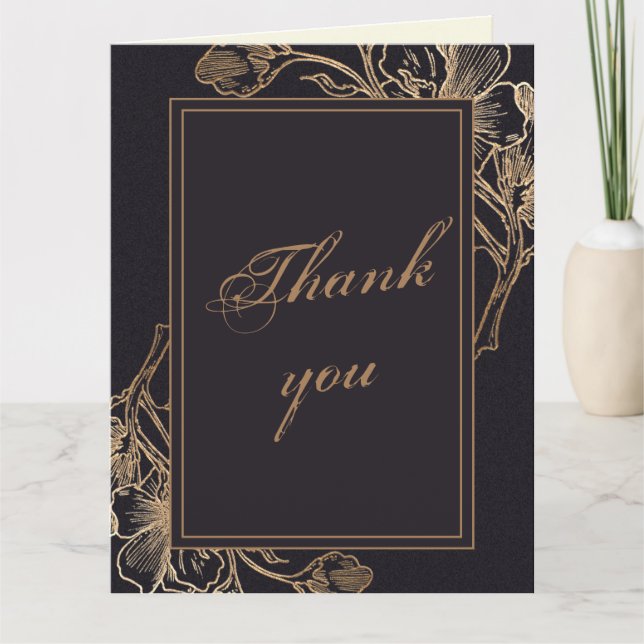Elegant Gold Faux Metal Floral Photo Wedding Thank You Card (Front)