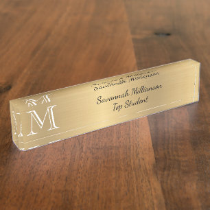 Elegant Gold Faux Metal Monogram Student Nameplate