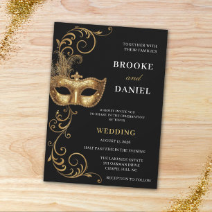 Elegant Gold Feathered Masquerade Wedding Invitation