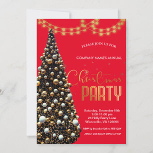 Elegant gold festive Christmas tree ,red Invitation