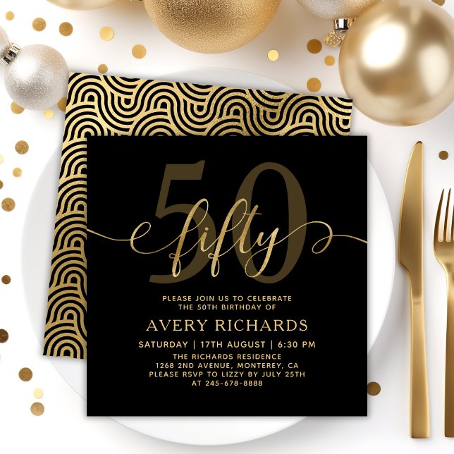 Elegant Gold Fifty Script Black 50th Birthday Invitation (Creator Uploaded)