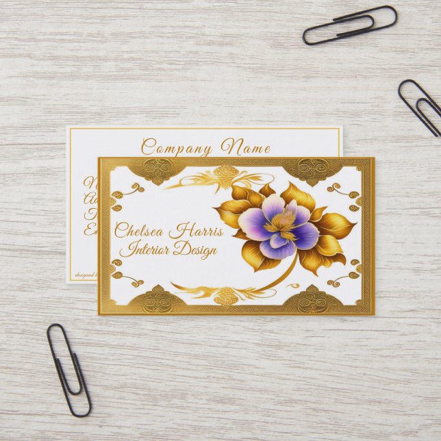 Elegant Gold Filigree Beautiful Purple Flower Business Card (Front/Back In Situ)