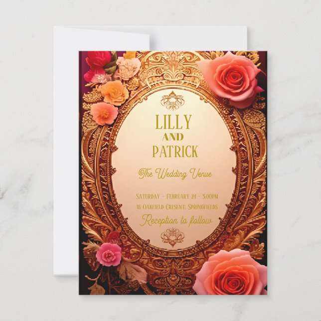Elegant Gold Filigree & Diamond Floral Motif Weddi Card (Front)