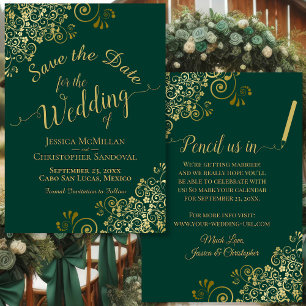 Elegant Gold Filigree Fancy Emerald Green Wedding Save The Date