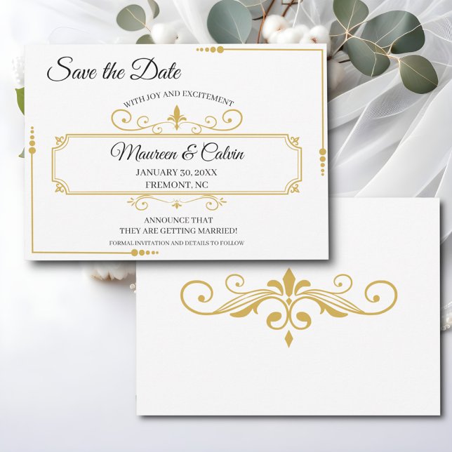 Elegant Gold Filigree on White, Save the Date Invitation (Creator Uploaded)
