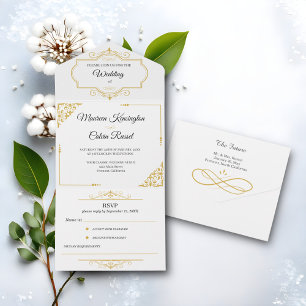 Elegant Gold Filigree on White, Wedding All In One Invitation