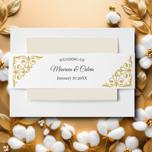 Elegant Gold Filigree on White Wedding Invitation Belly Band